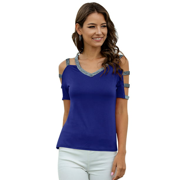 Women V Neck Hollow Short Sleeve Tops Blouse Ladies Slim Fit Casual T Shirt Tee